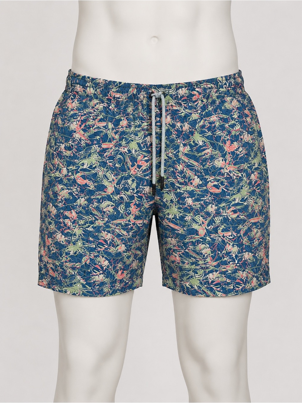 Peter Millar Blue Floral-Print Swim Trunks with Coral & Green Accents